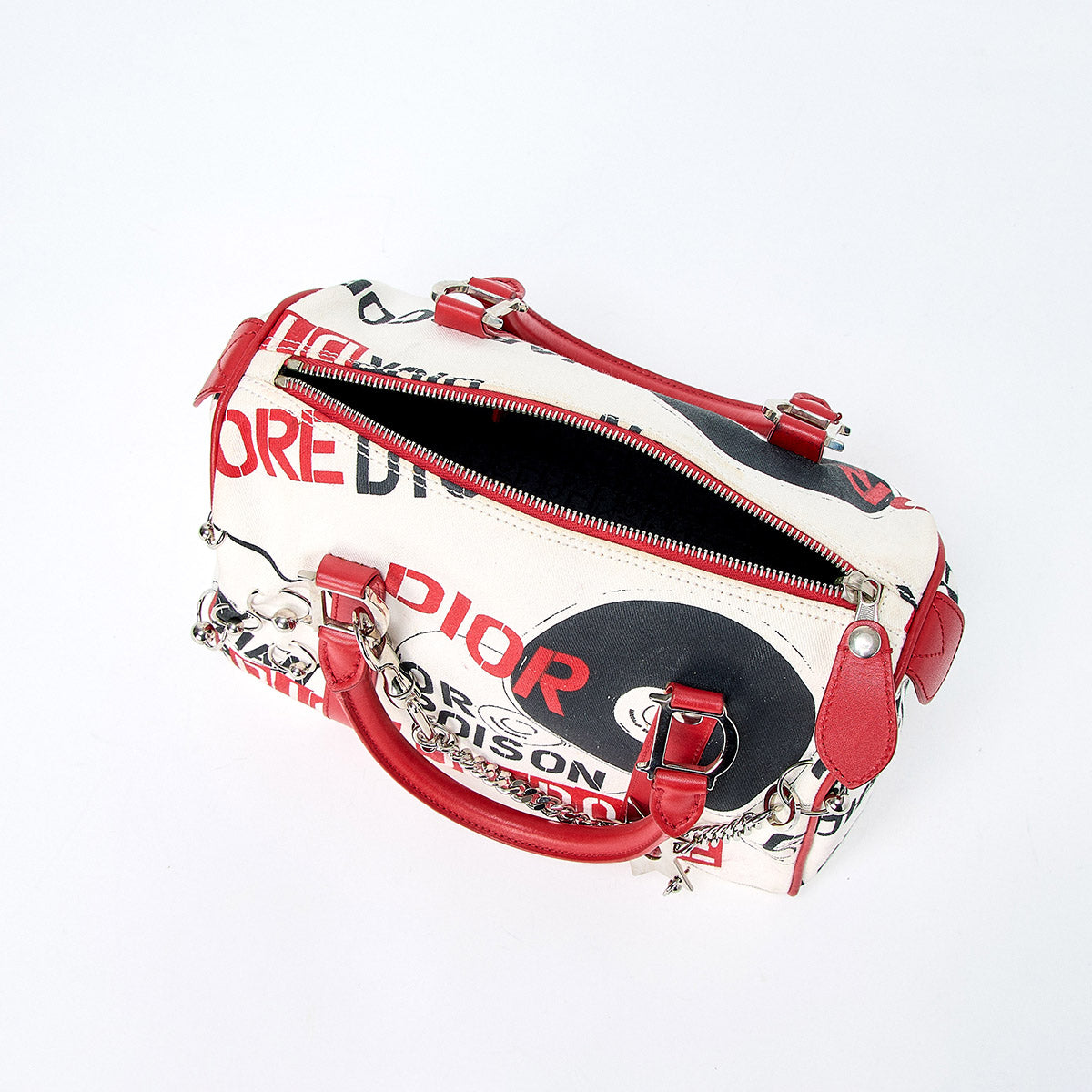 Christian Dior John Galliano Hardcore Hand Bag Red White Silver Canvas Auth