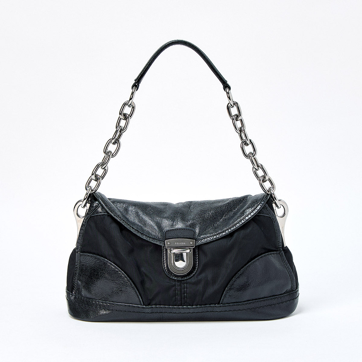 PRADA Shoulder Bag Black Silver Leather Auth