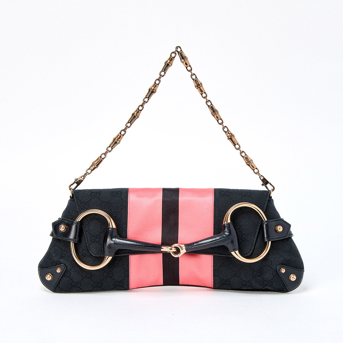 GUCCI Horsebit Shoulder Bag Black Pink Gold Canvas Auth