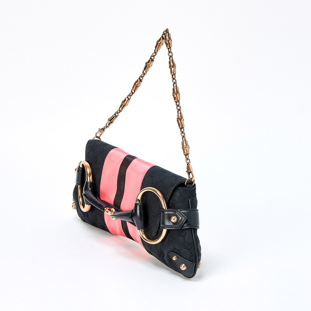 GUCCI Horsebit Shoulder Bag Black Pink Gold Canvas Auth