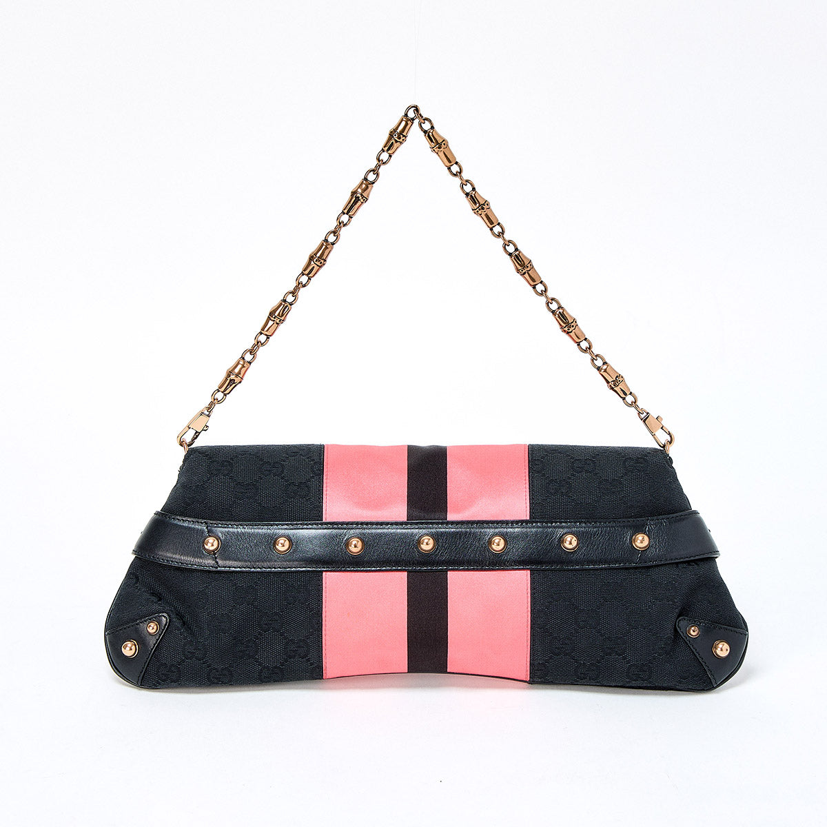 GUCCI Horsebit Shoulder Bag Black Pink Gold Canvas Auth