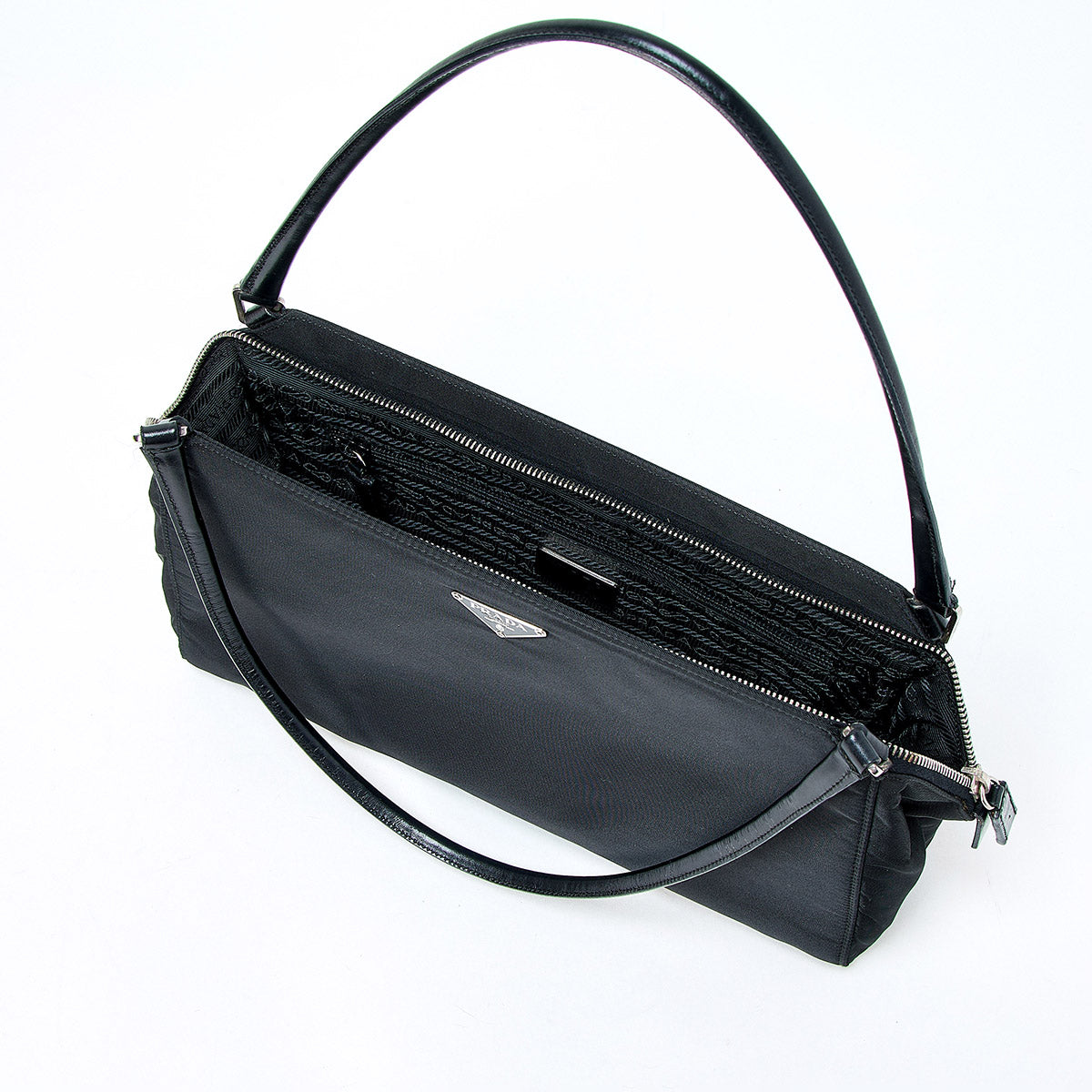 PRADA Triangle Shoulder Bag Black Silver Tessuto Auth