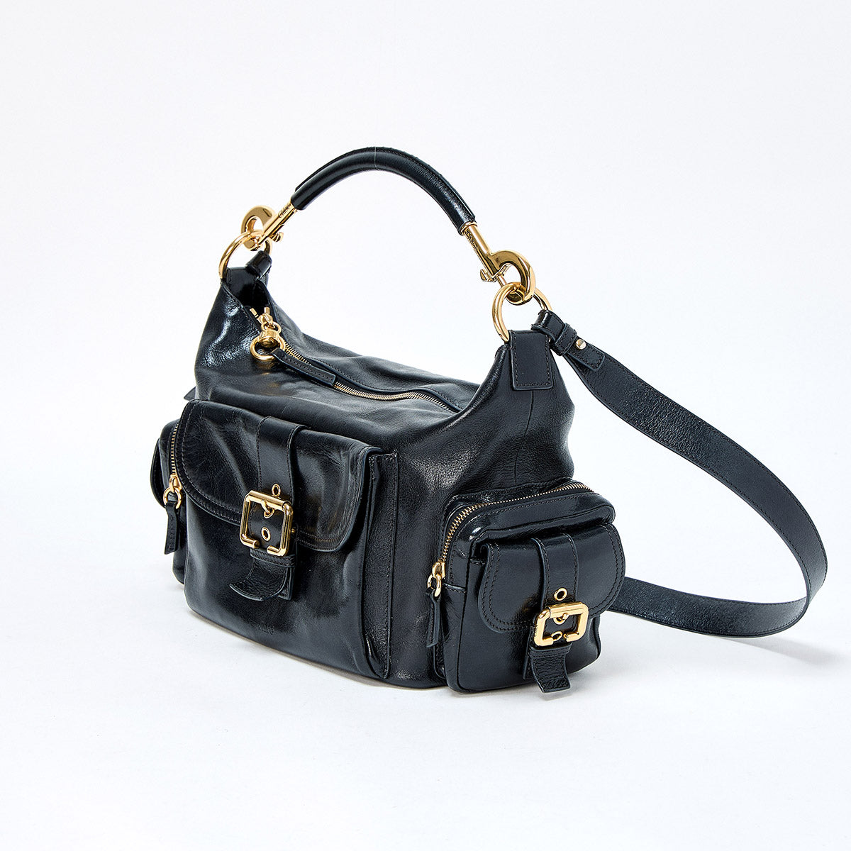 Chloe Camera Bag Hand Bag Black Gold Shiny Leather Auth