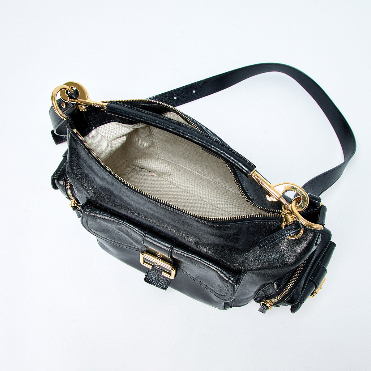 Chloe Camera Bag Hand Bag Black Gold Shiny Leather Auth