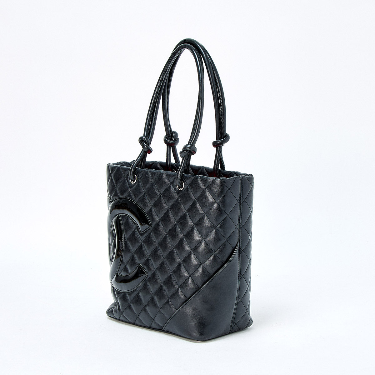 CHANEL Matelasse Cambon Medium 2005 Hand Bag Black Silver Lamb Skin Auth