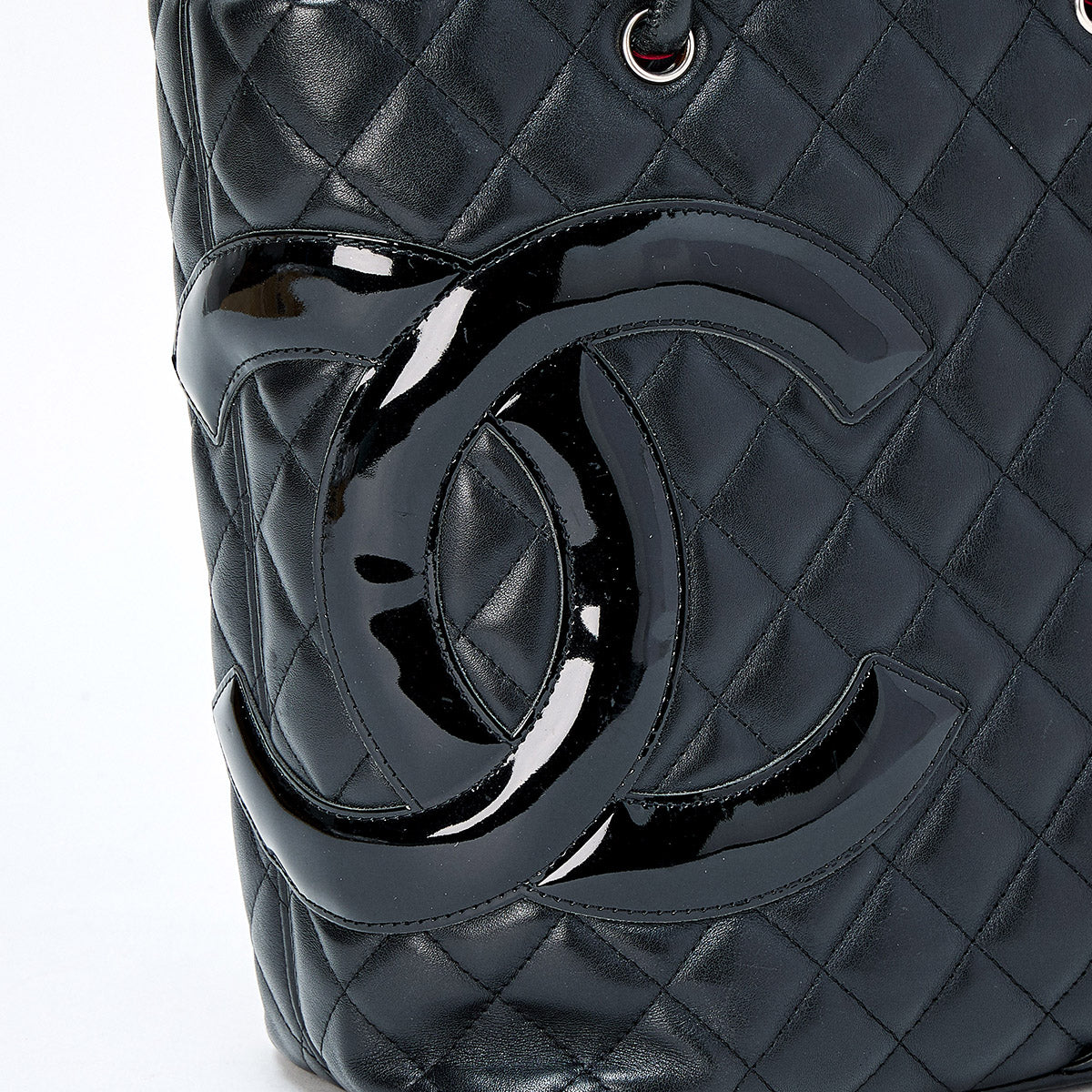 CHANEL Matelasse Cambon Medium 2005 Hand Bag Black Silver Lamb Skin Auth