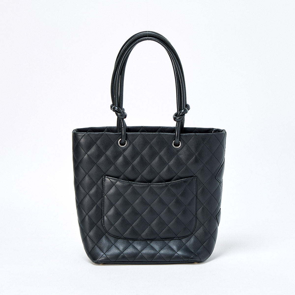 CHANEL Cambon Medium Tote 2004 Hand Bag Black Silver Lamb Skin Auth