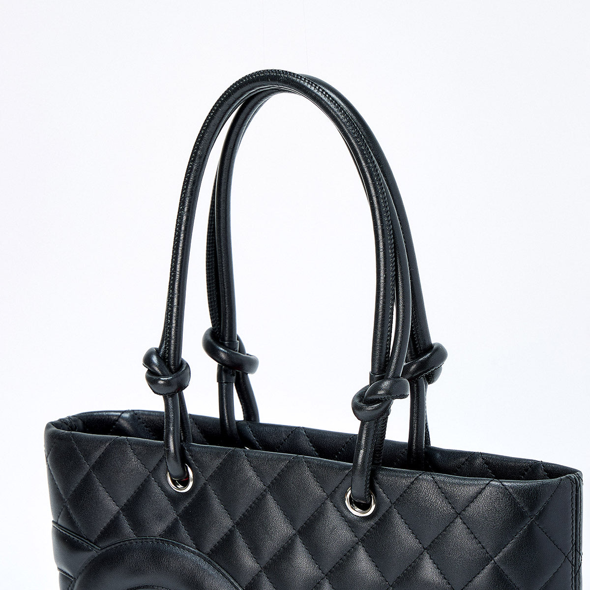 CHANEL Cambon Medium Tote 2004 Hand Bag Black Silver Lamb Skin Auth