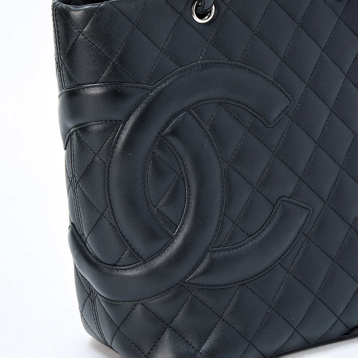 CHANEL Cambon Medium Tote 2004 Hand Bag Black Silver Lamb Skin Auth
