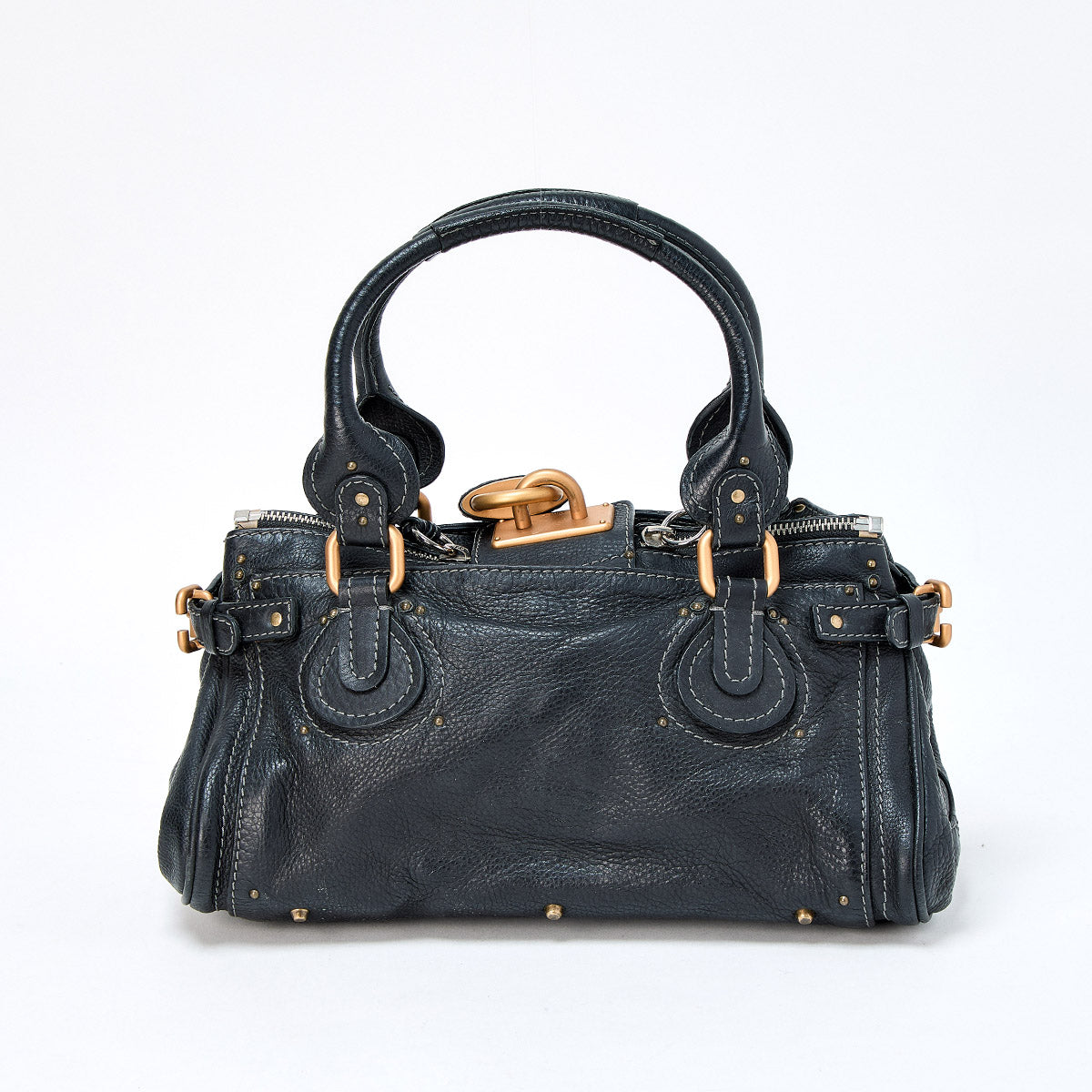 Chloe Paddington Medium Hand Bag Black Gold Leather Auth