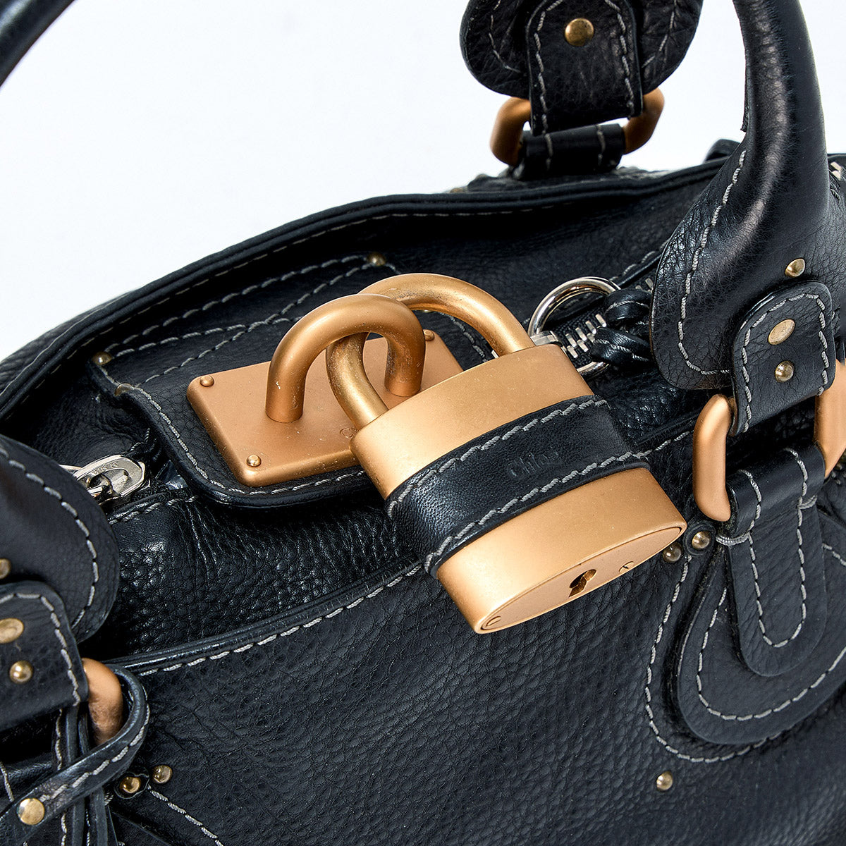 Chloe Paddington Medium Hand Bag Black Gold Leather Auth