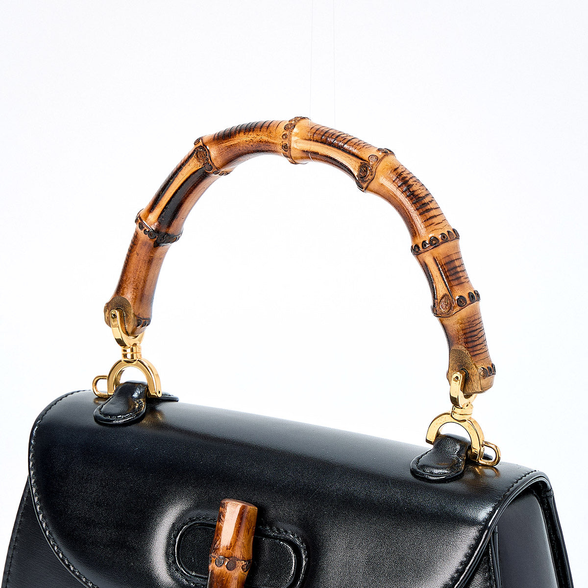GUCCI Bamboo Hand Bag Black Gold Box Scarf Auth