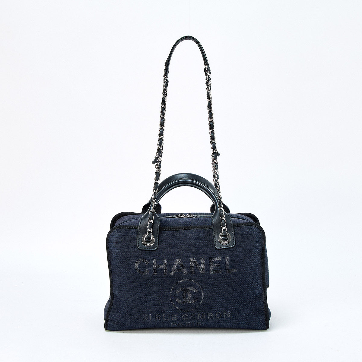 CHANEL Deauville 2WAY Boston 2021 Shoulder Bag Navy Silver Denim Auth