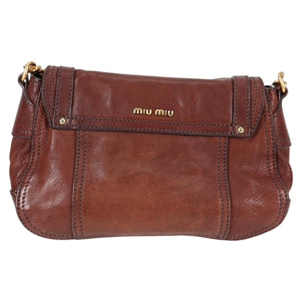 MIU MIU Logo Satchel Shoulder Bag Brown Gold Leather Auth