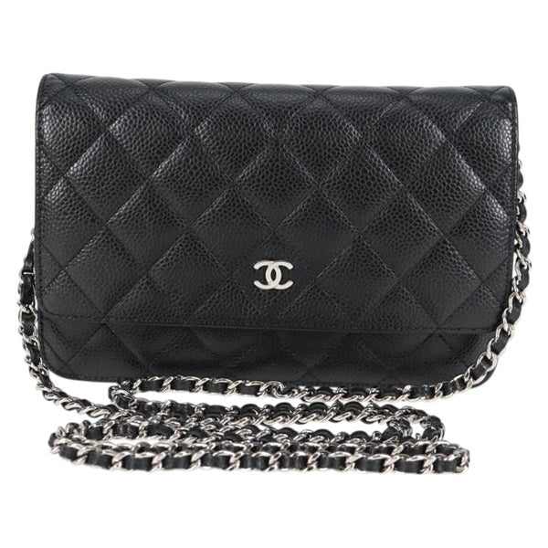 CHANEL Matelasse Matelasse Chain Wallet 2015 Shoulder Bag Black Silver Caviar Skin Auth