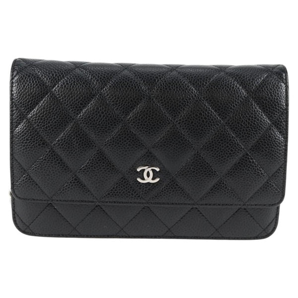 CHANEL Matelasse Matelasse Chain Wallet 2015 Shoulder Bag Black Silver Caviar Skin Auth