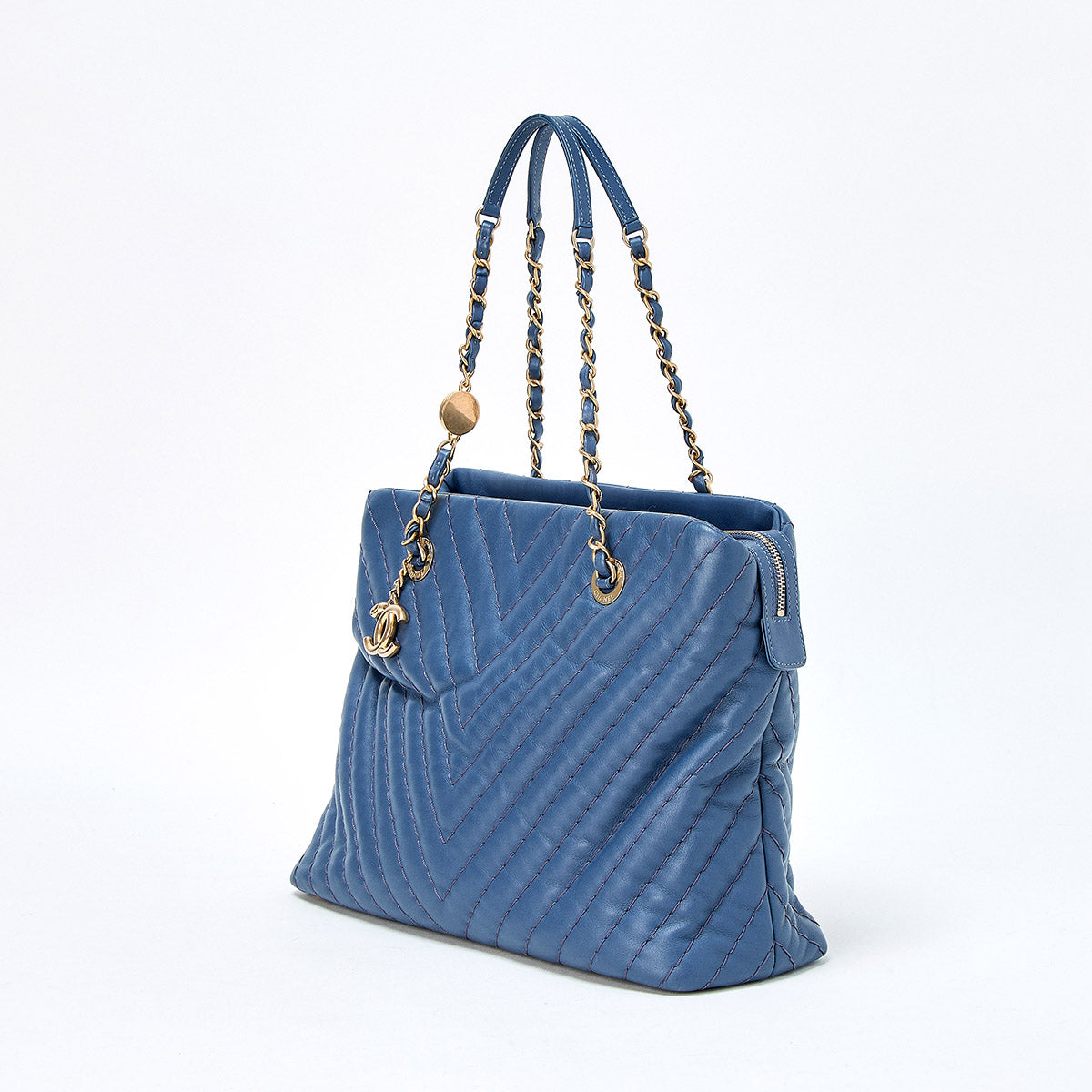 CHANEL V Stitch 2012 Tote Bag Blue Champagne Gold Leather Auth