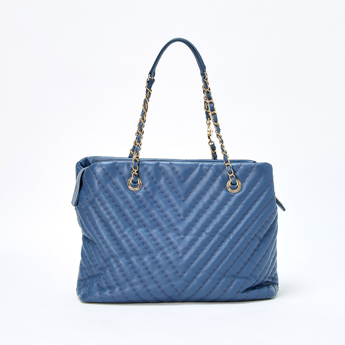CHANEL V Stitch 2012 Tote Bag Blue Champagne Gold Leather Auth