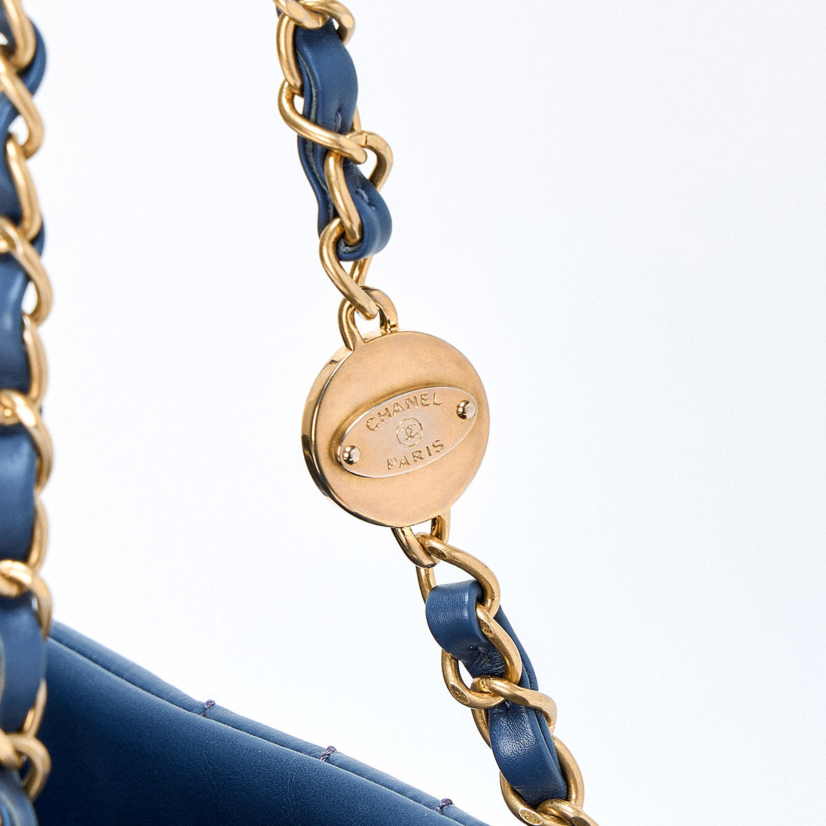 CHANEL V Stitch 2012 Tote Bag Blue Champagne Gold Leather Auth