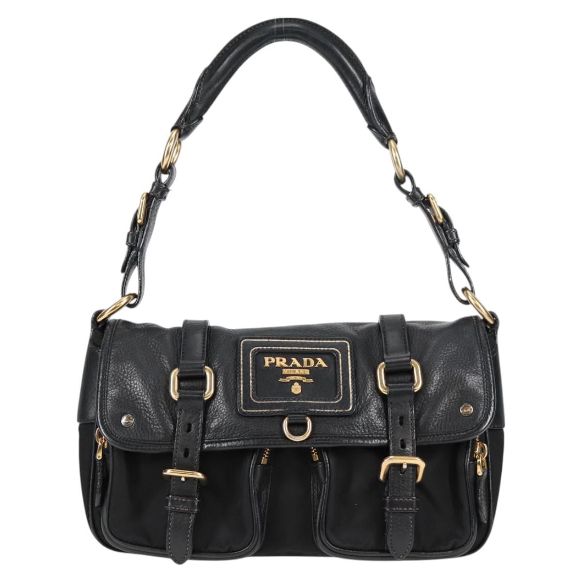 PRADA logo shoulder bag in black and gold leather