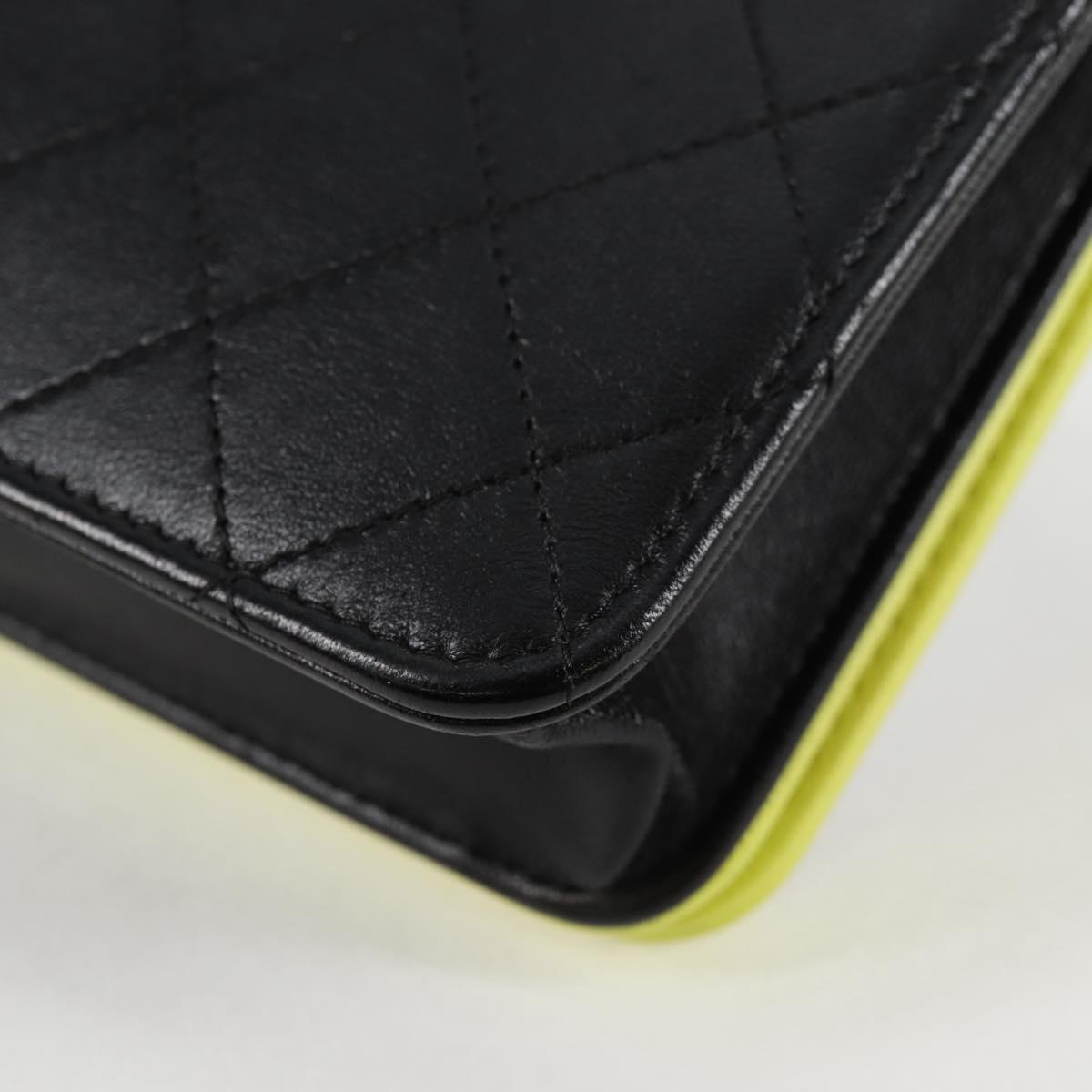 CHANEL Matelasse Chain Wallet Shoulder Bag Black Lime Yellow Silver Calf Leather