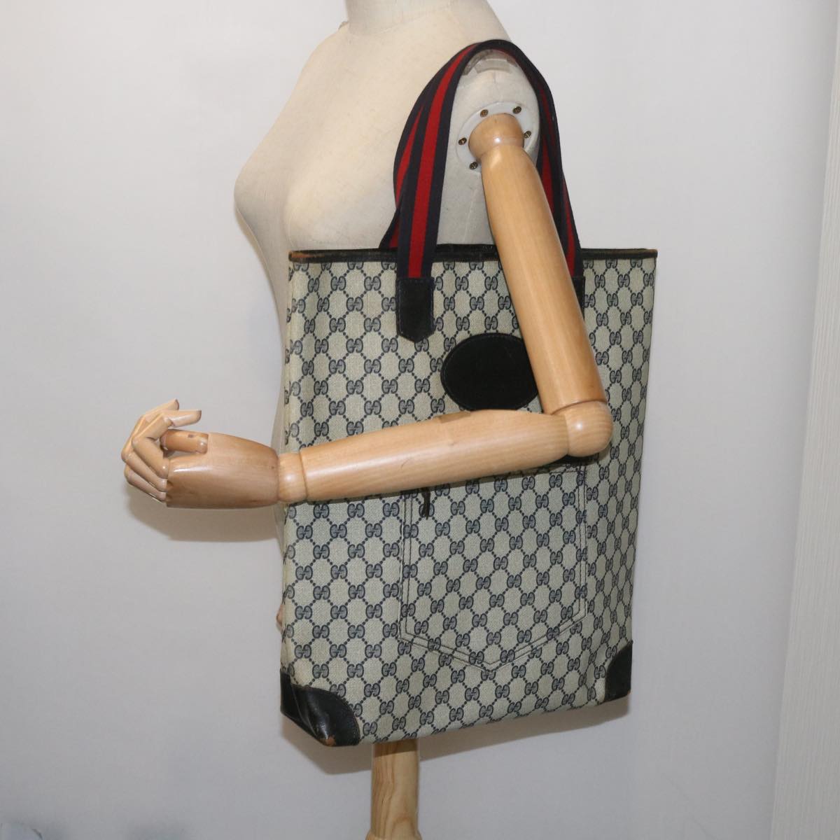 GUCCI GG Supreme Sherry Line Tote Bag PVC Leather Red Navy 010 378 Auth ac2770