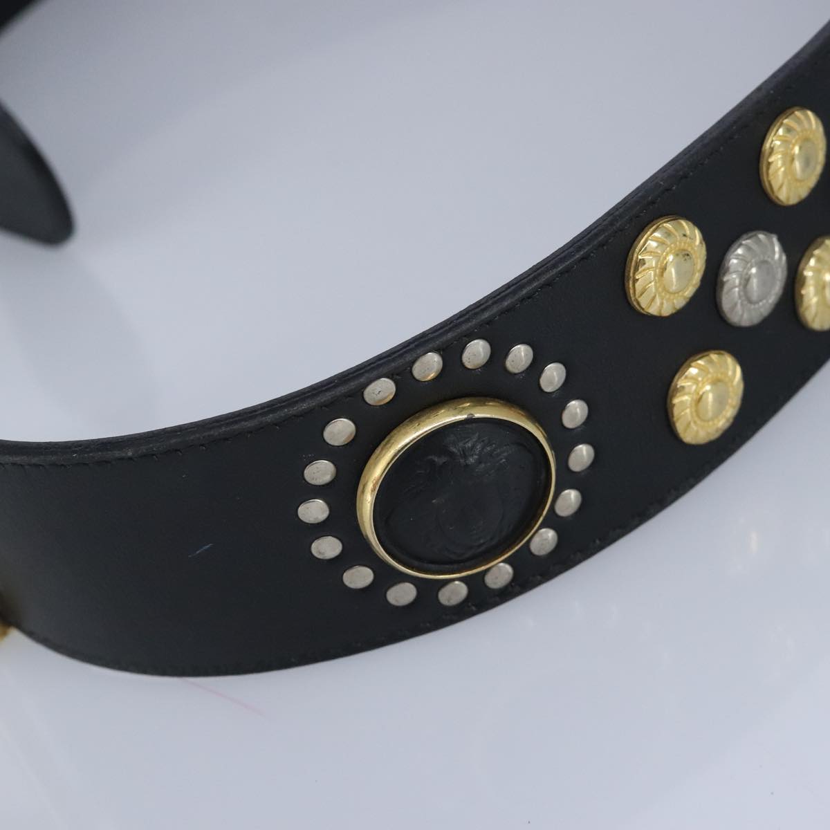 Gianni Versace Belt Leather metal 9.8"""""""" Black Gold Silver Auth ac3322