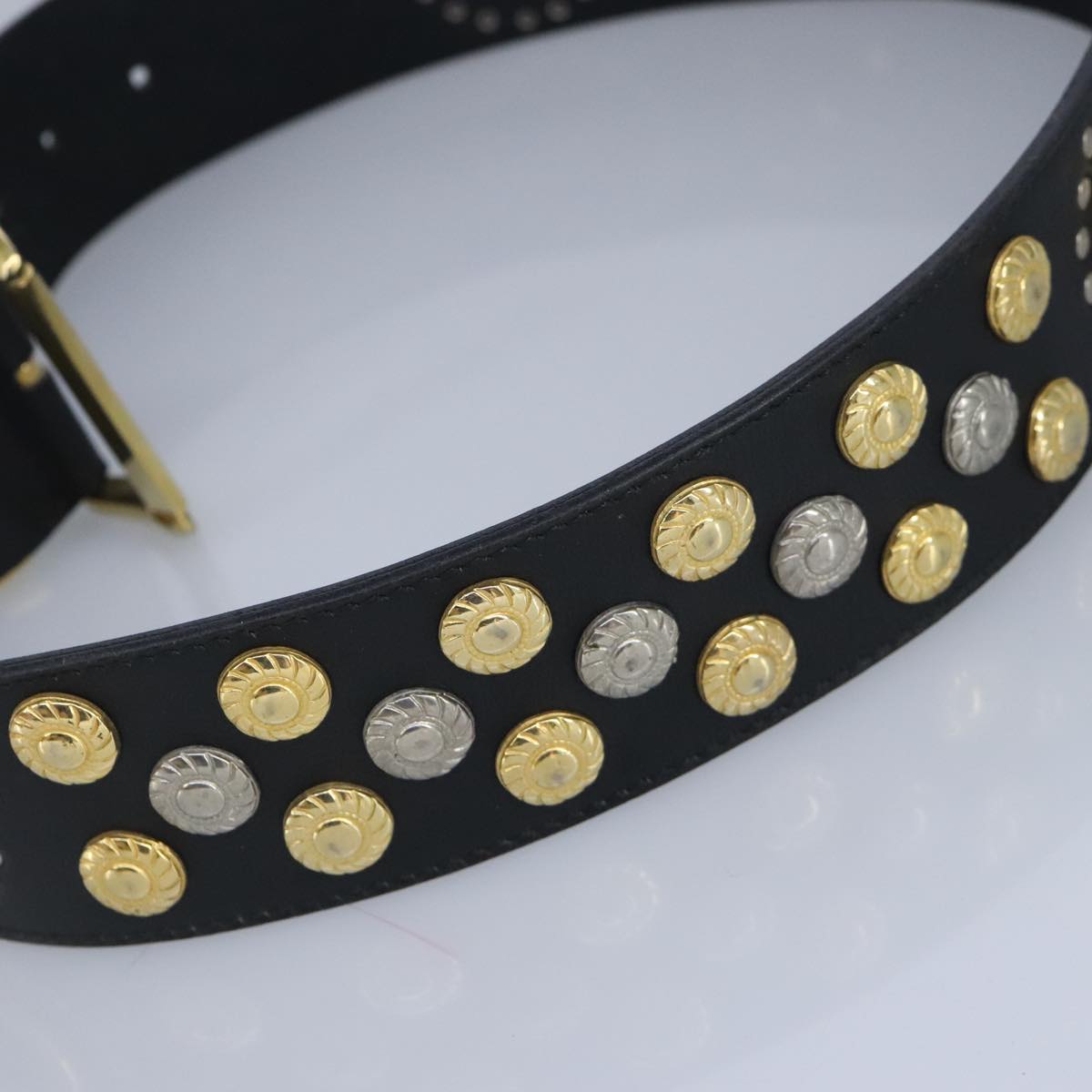 Gianni Versace Belt Leather metal 9.8"""""""" Black Gold Silver Auth ac3322