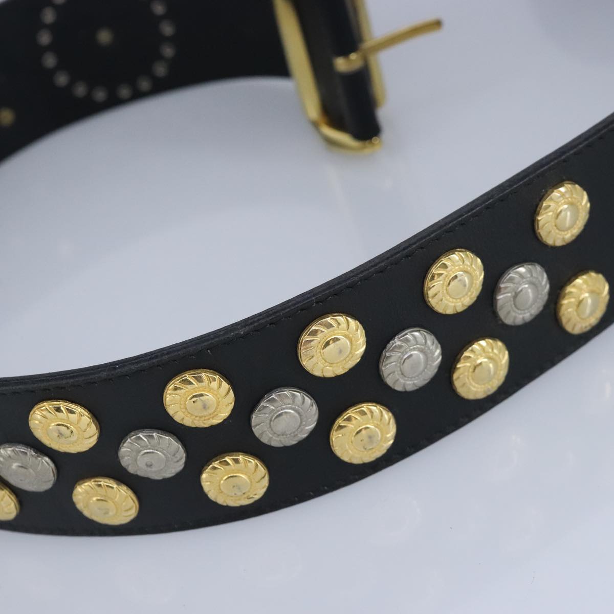 Gianni Versace Belt Leather metal 9.8"""""""" Black Gold Silver Auth ac3322