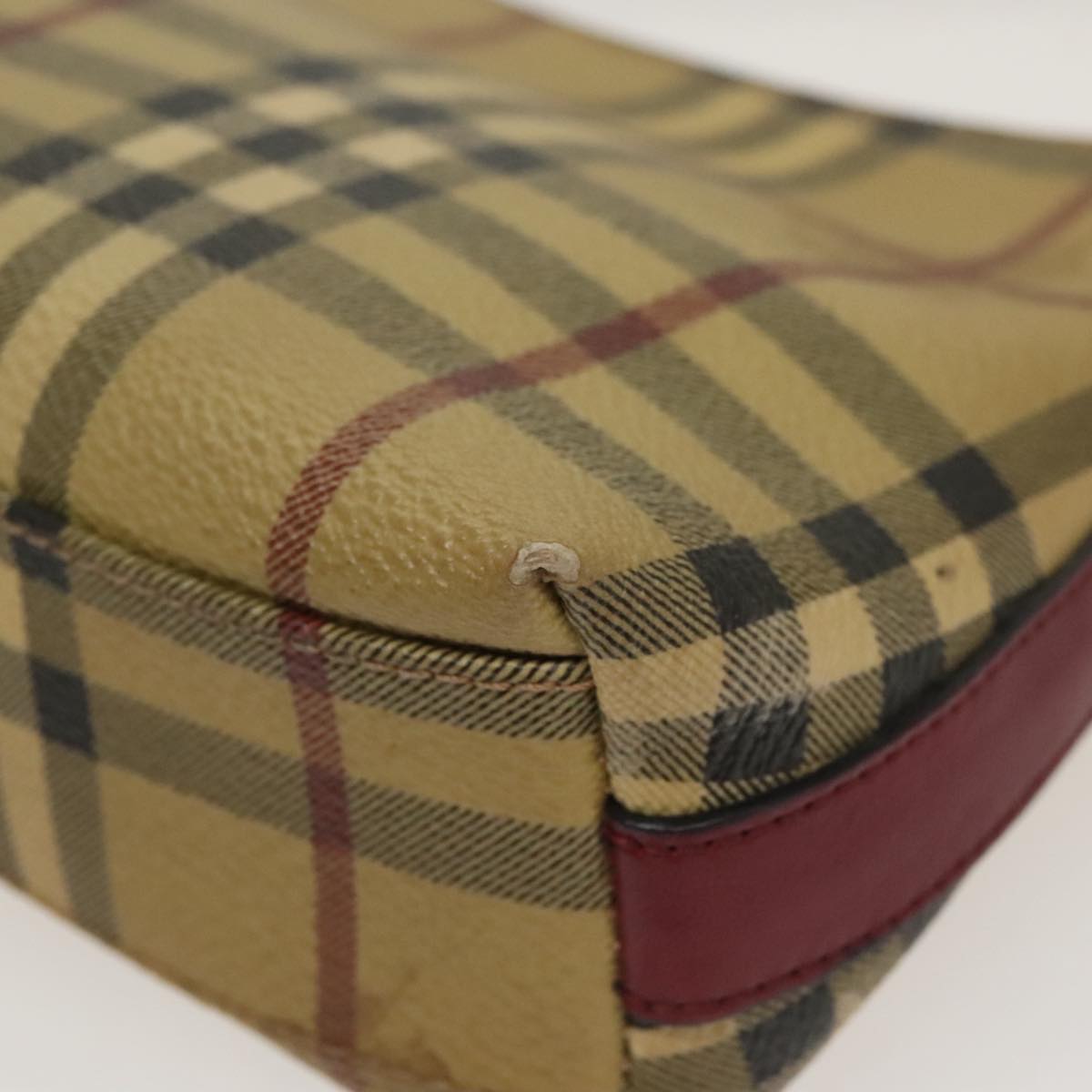 BURBERRY Nova Check Hand Bag PVC Leather Beige Wine Red Silver Auth ac3407