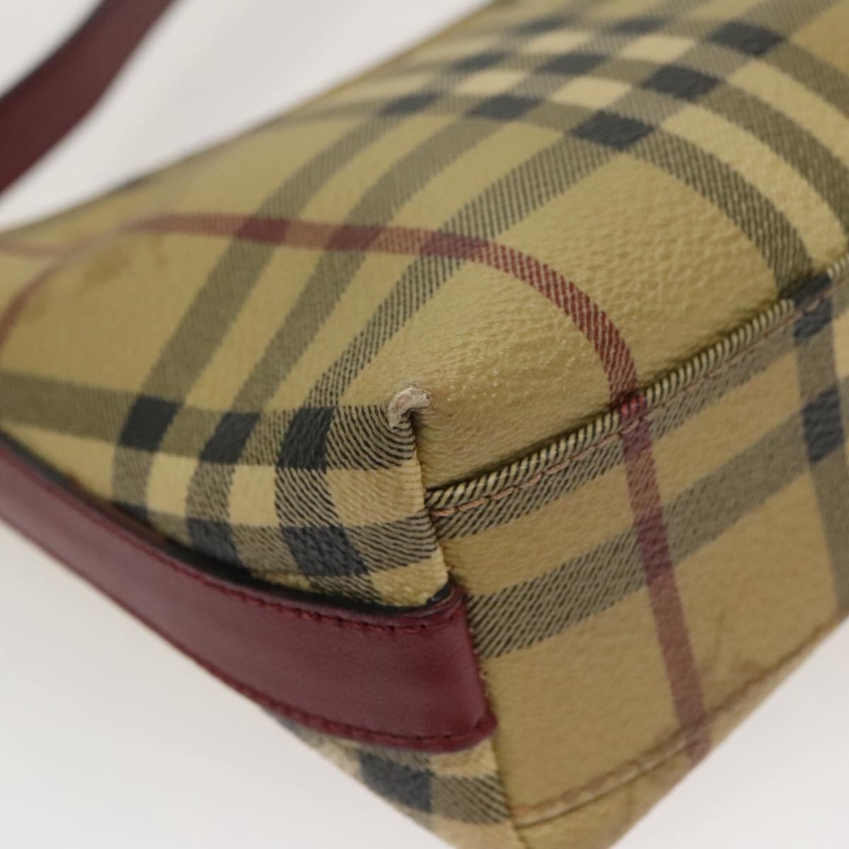 BURBERRY Nova Check Hand Bag PVC Leather Beige Wine Red Silver Auth ac3407