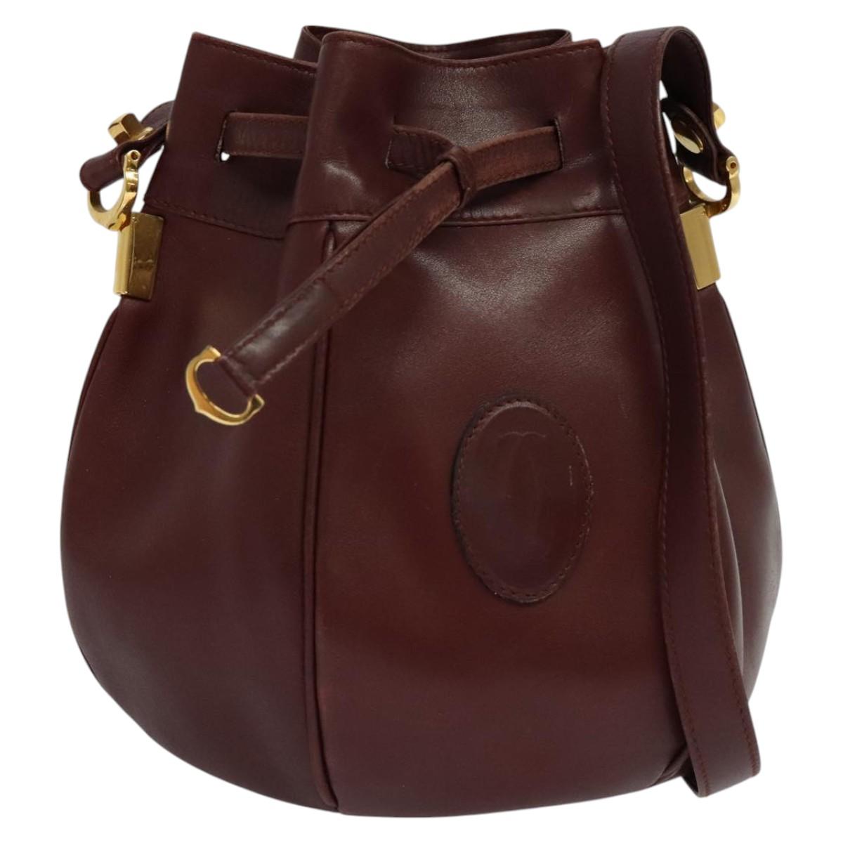 CARTIER Shoulder Bag Leather Bordeaux Gold Auth ac3496