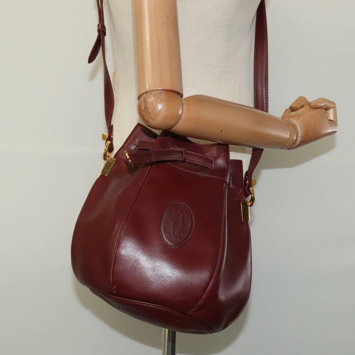 CARTIER Shoulder Bag Leather Bordeaux Gold Auth ac3496