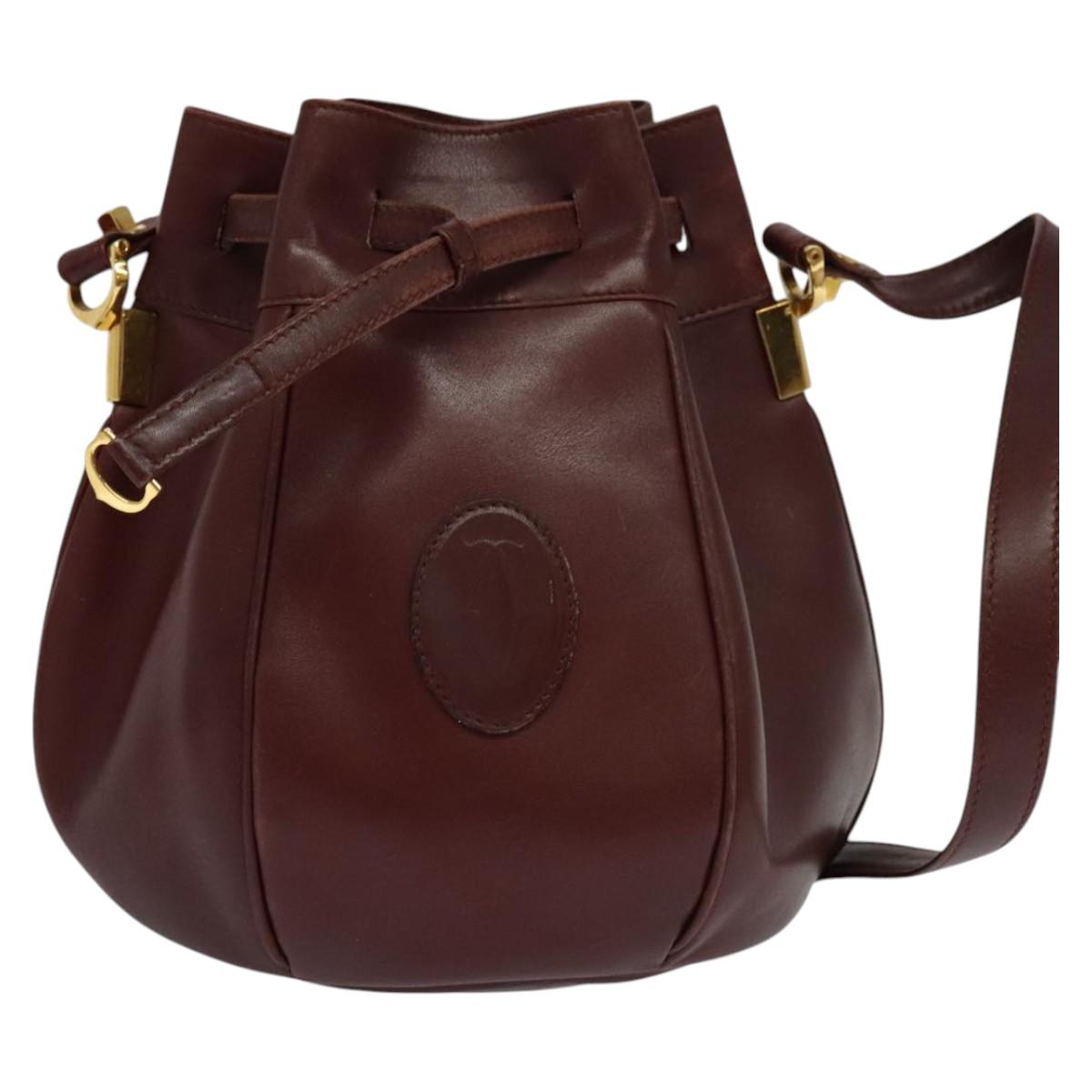 CARTIER Shoulder Bag Leather Bordeaux Gold Auth ac3496