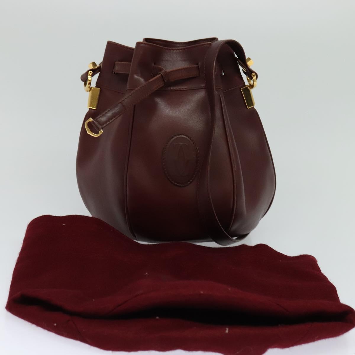 CARTIER Shoulder Bag Leather Bordeaux Gold Auth ac3496