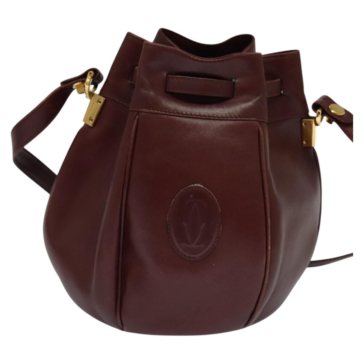 CARTIER Shoulder Bag Leather Bordeaux Gold Auth ac3496