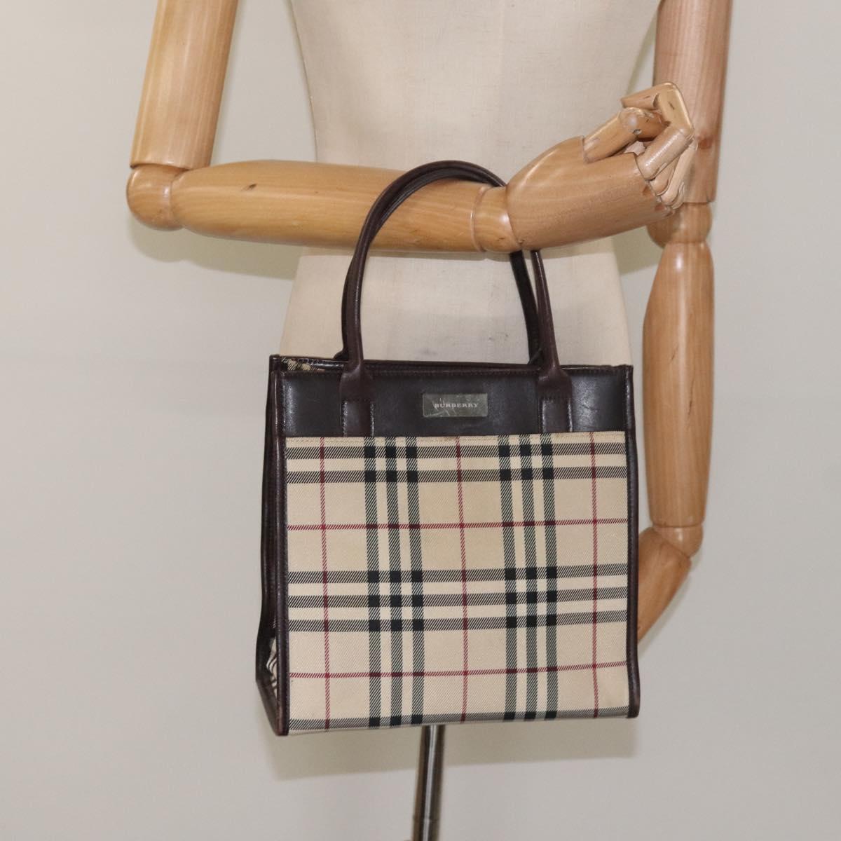 BURBERRY Nova Check Hand Bag Nylon Leather Beige Silver Auth ac3586