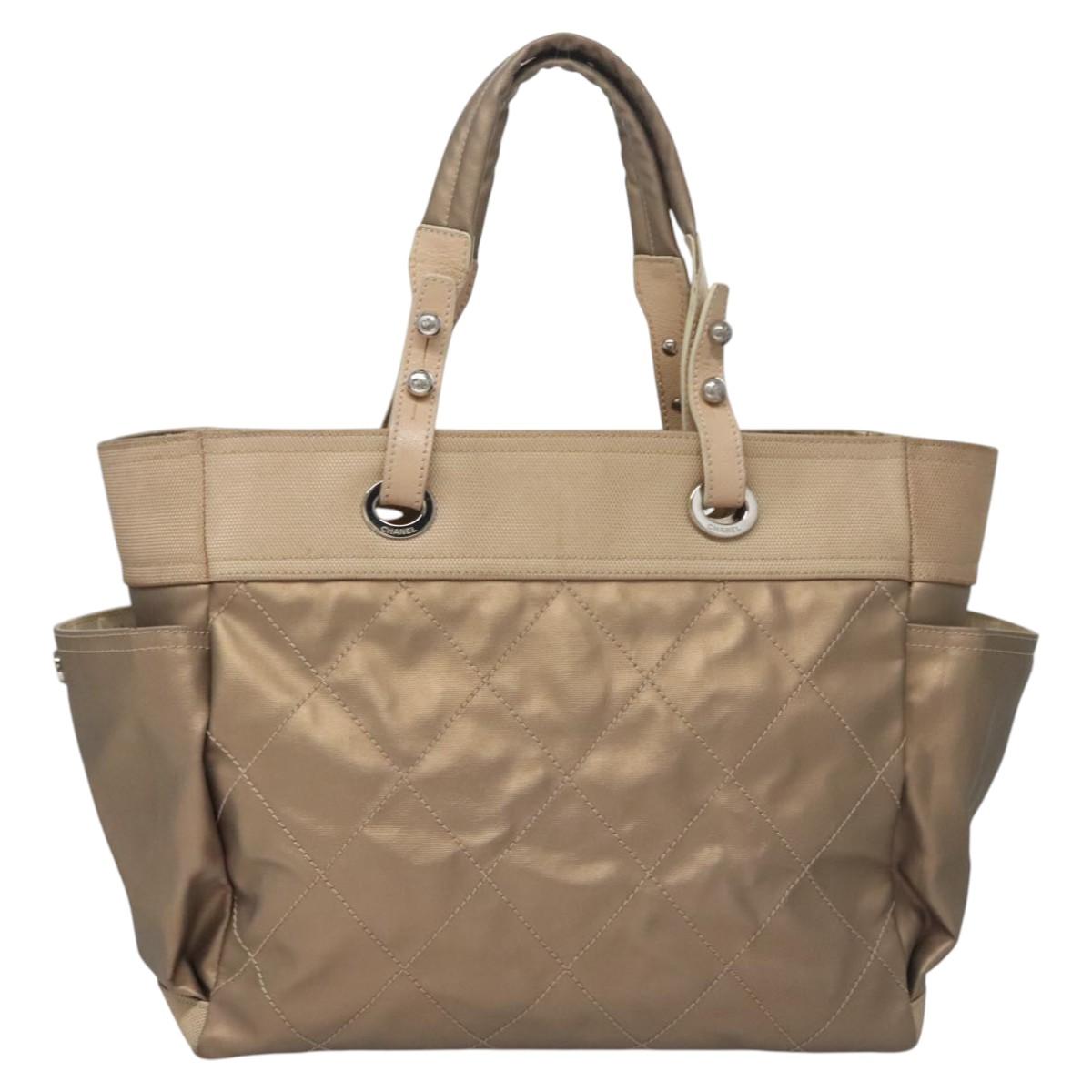 CHANEL Paris Biarritz MM Tote Bag Coated Canvas Gold Tone Silver CC Auth ac3593
