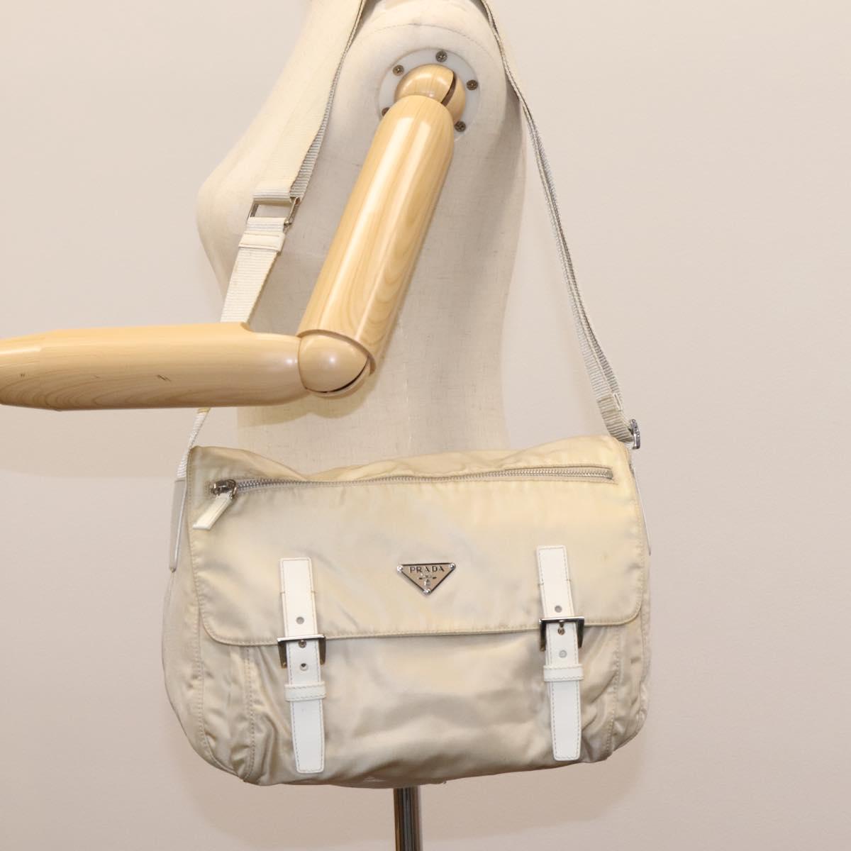 PRADA Shoulder Bag Nylon Beige Silver Auth ac3661