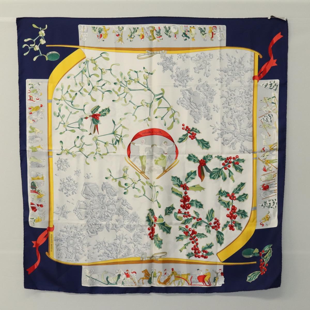 HERMES Carre 90 Scarf ""Neige d'Antan"" Silk Navy Auth ac3734