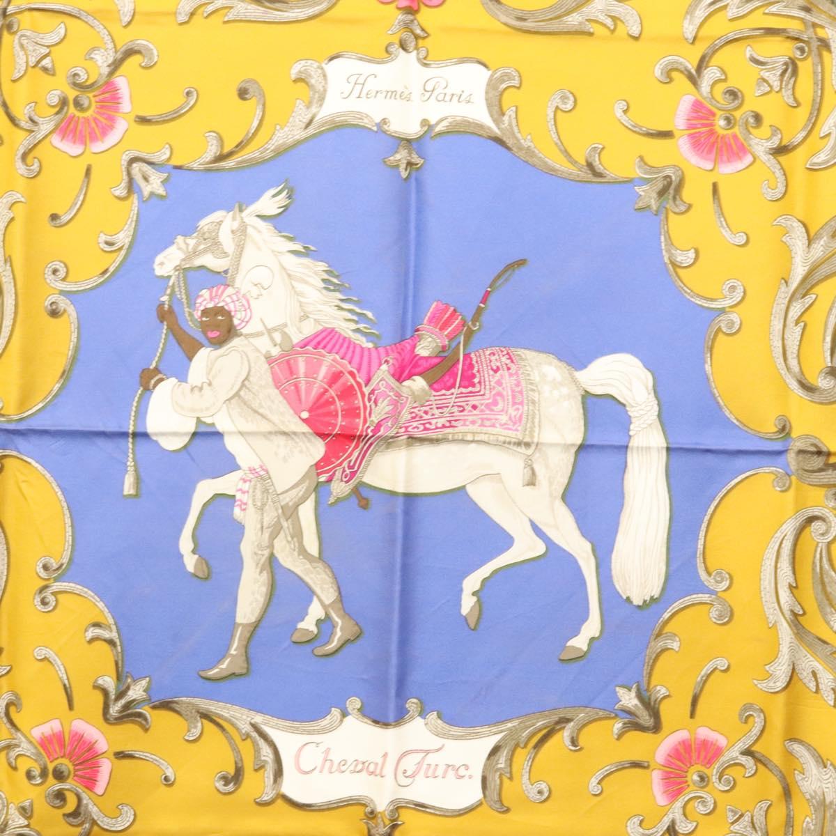 HERMES Carre 90 Scarf ""CHEVAL TURC"" Silk Blue Auth ac3753