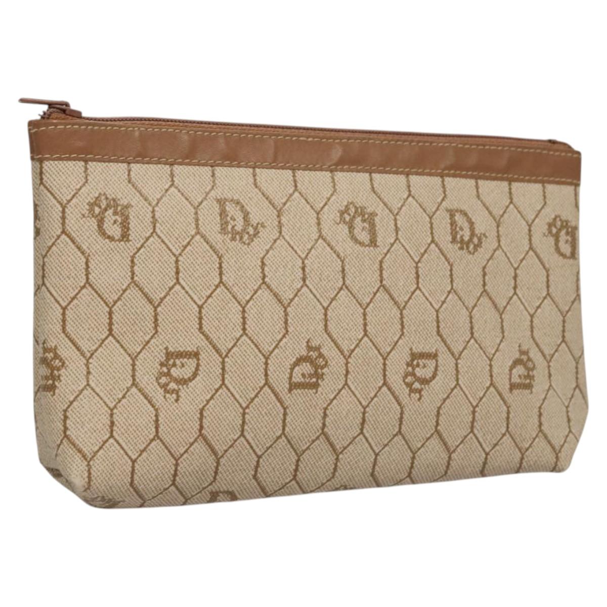 Christian Dior Honeycomb Canvas Pouch PVC Beige Auth ac3812