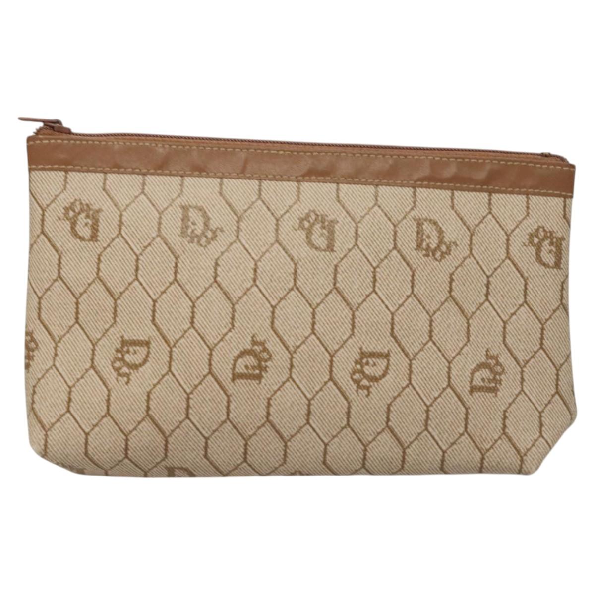 Christian Dior Honeycomb Canvas Pouch PVC Beige Auth ac3812