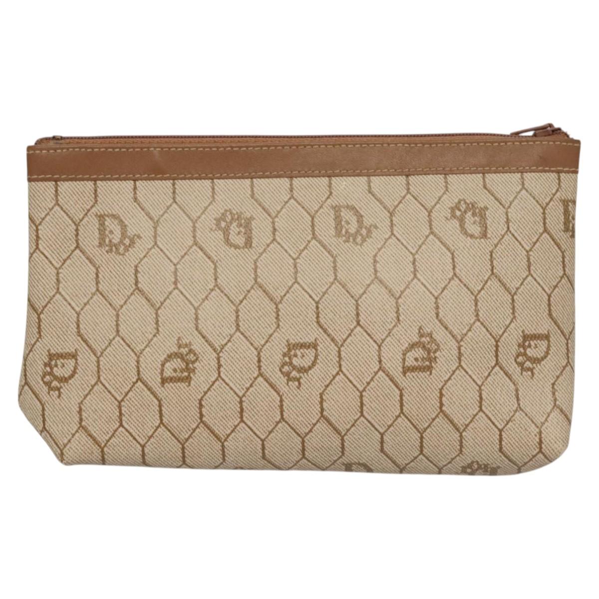 Christian Dior Honeycomb Canvas Pouch PVC Beige Auth ac3812