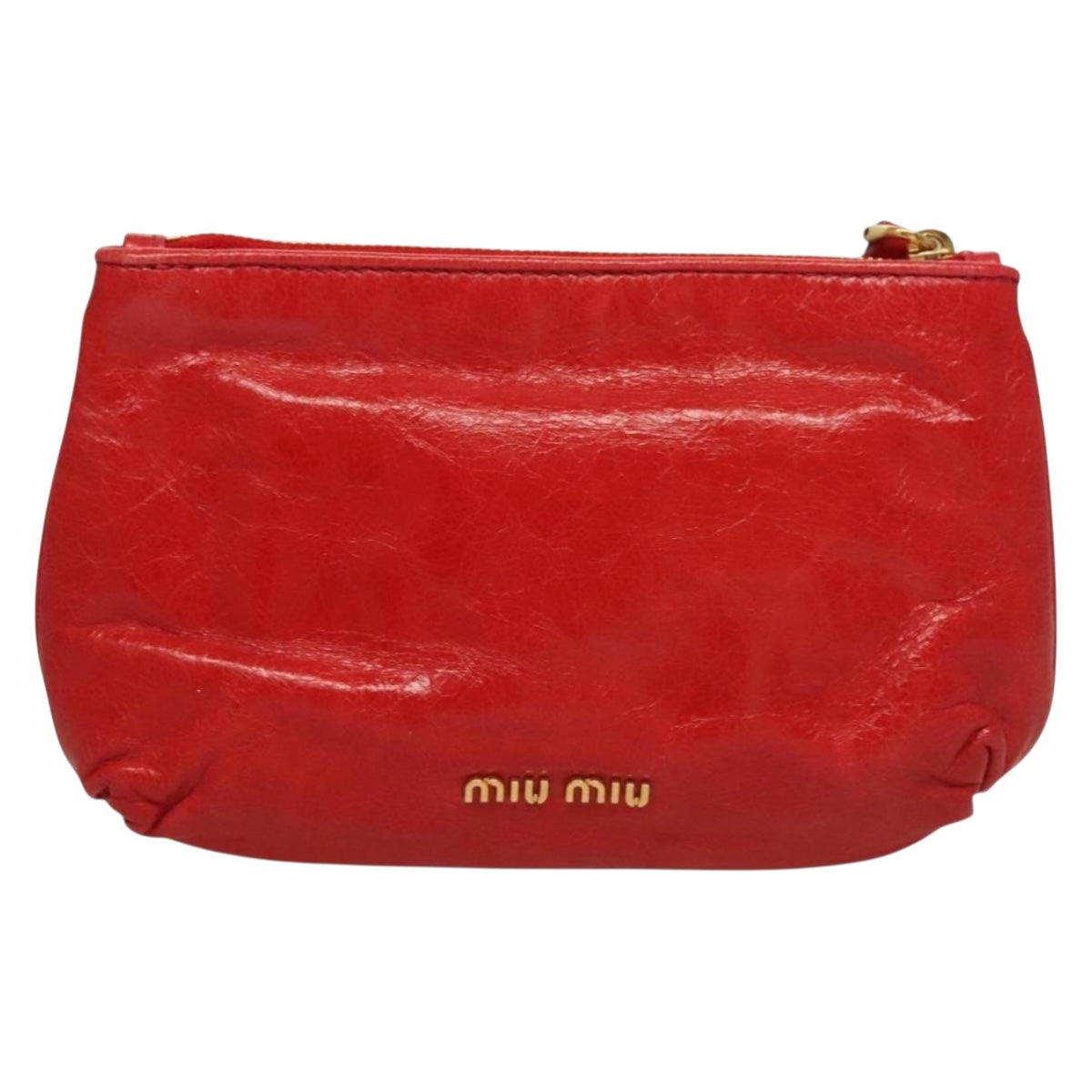 Miu Miu Accessory Pouch Leather Red Gold Auth ac3852