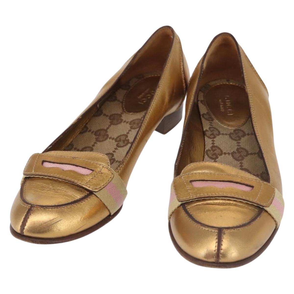 GUCCI Pumps Leather Gold Auth ac3875