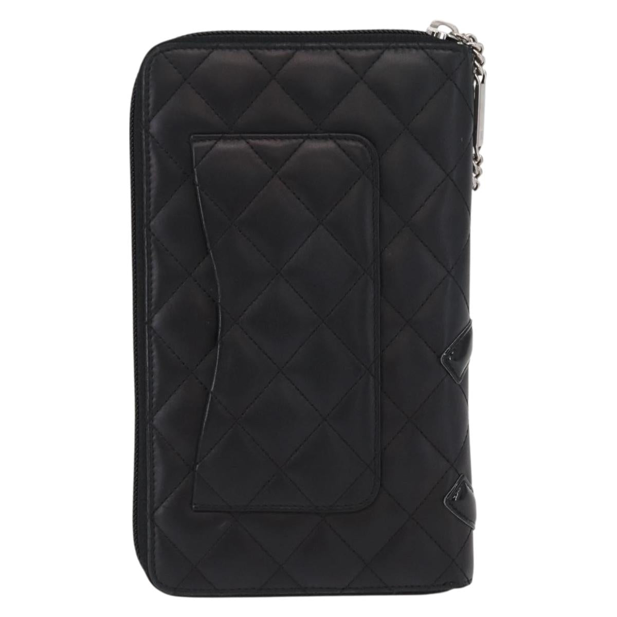 CHANEL Cambon Line Long Wallet Calf Skin Black Silver CC Auth ac3882