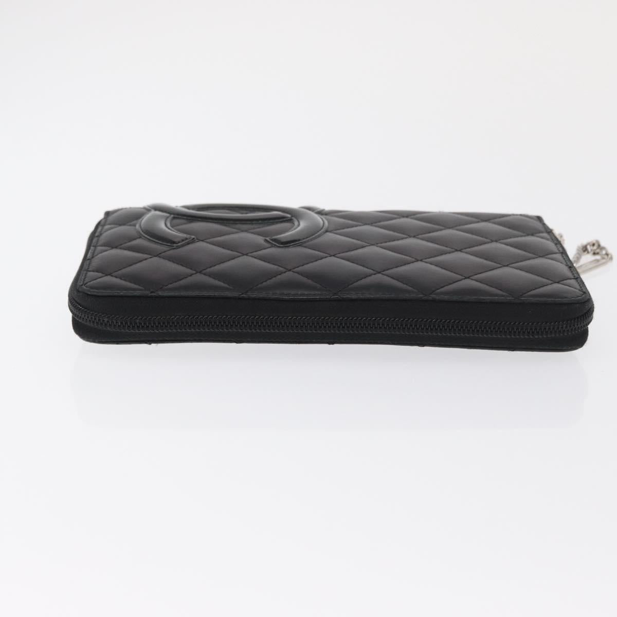 CHANEL Cambon Line Long Wallet Calf Skin Black Silver CC Auth ac3882
