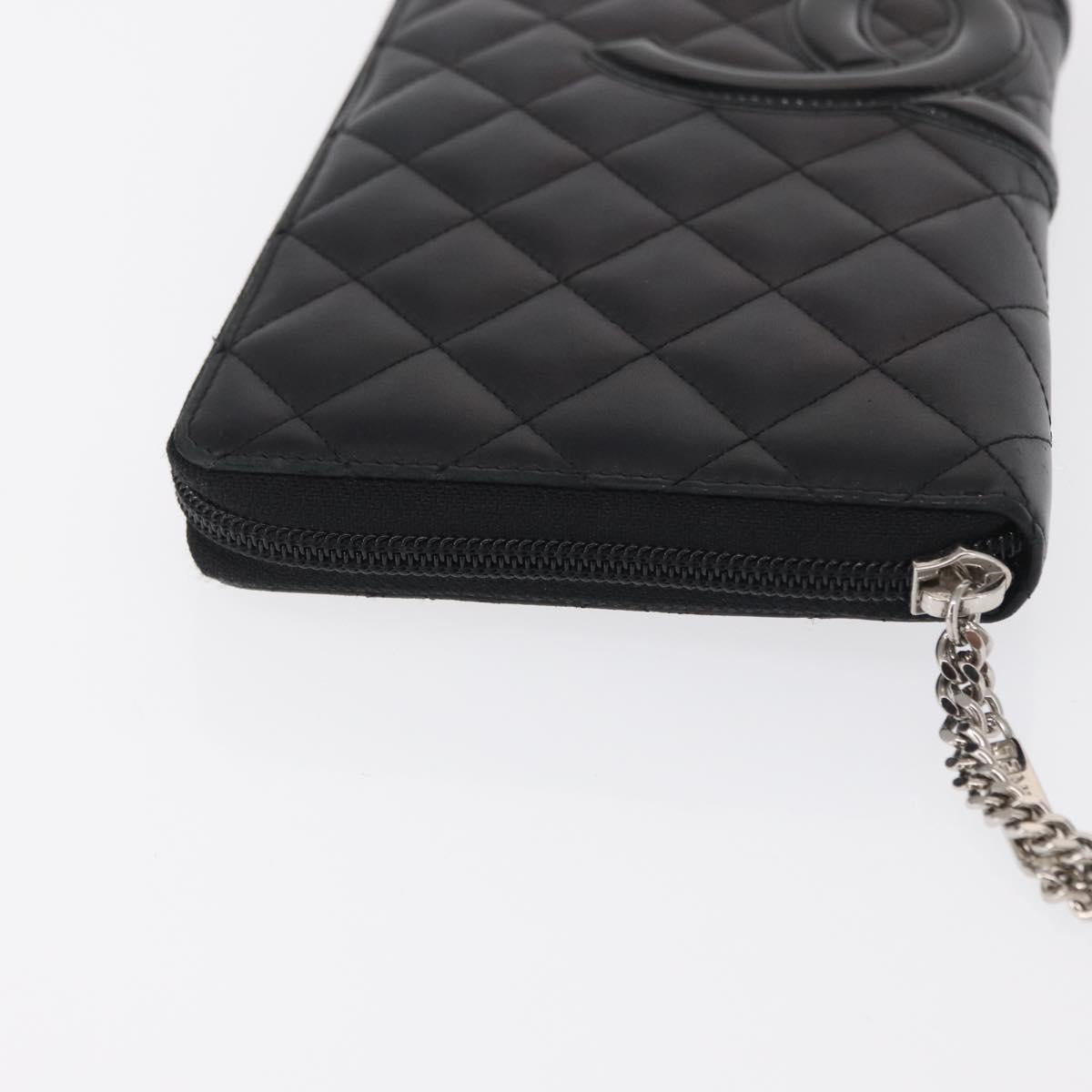 CHANEL Cambon Line Long Wallet Calf Skin Black Silver CC Auth ac3882