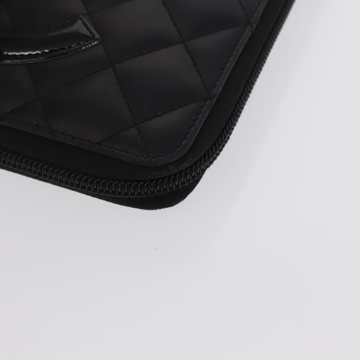 CHANEL Cambon Line Long Wallet Calf Skin Black Silver CC Auth ac3882